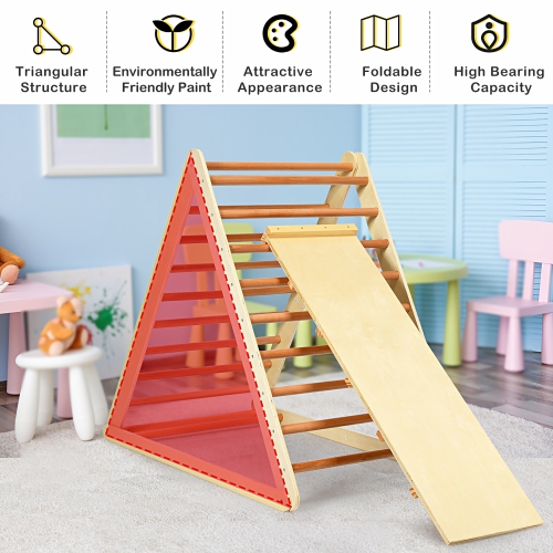 Support d'escalade d'intérieur en triangle pliable en bois avec échelle de Costway pour tout-petit