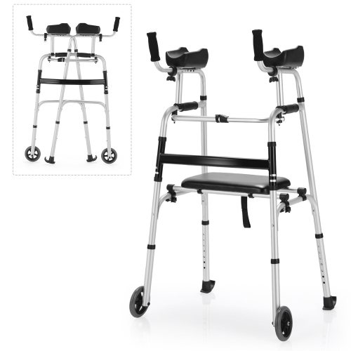 COSTWAY  Foldable Aluminum Alloy Walker Wheel Walking Frame W/ Seat & Armrest Pad