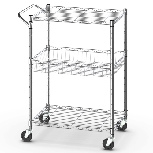 Costway 3-Tier Utility Cart Heavy Duty Wire Rolling Cart w/Handle Bar Storage Trolley