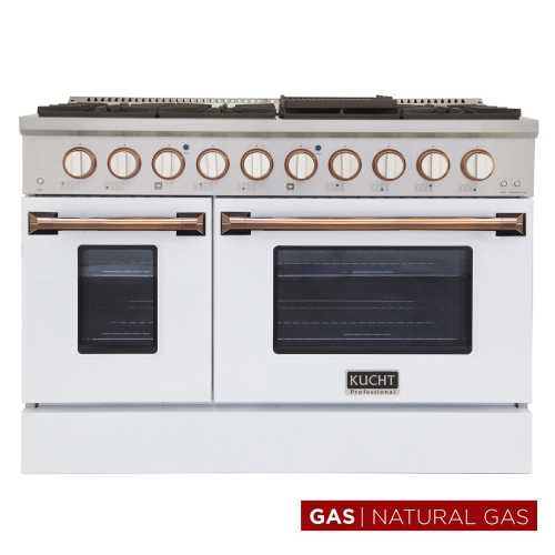 Image 1 de 10.. 48 po 6,7 pi3 avec Cuisinière au gaz naturel deux fours - une convection - en acier inoxydable avec porte de four blanche, boutons blancs et poignées