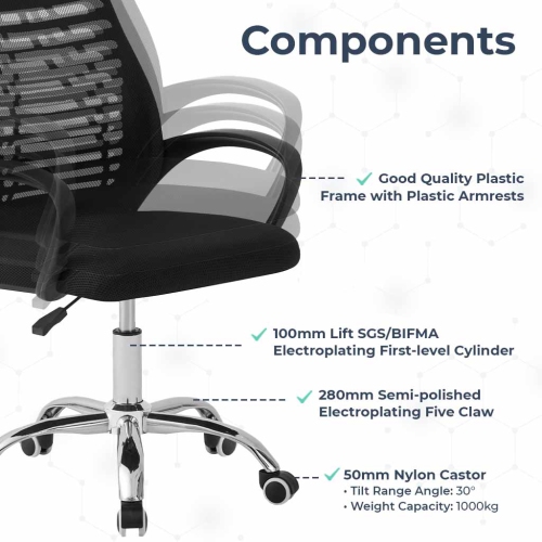 Fauteuil de bureau ergonomique en filet respirant MC2 de MotionGrey - Fauteuil de bureau confortable pour le jeu à domicile et le bureau de direction