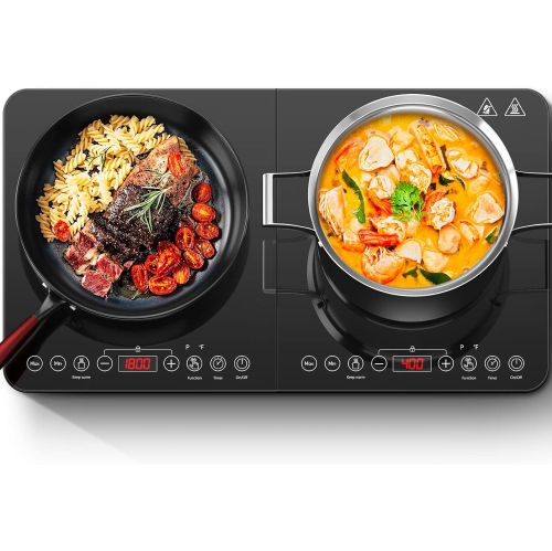 Aobosi Double Induction Cooktop,Portable Induction Cooker with 2 Burner Independent Control,Ultrathin Body,10 Temperature,1800W-Multiple Power Levels