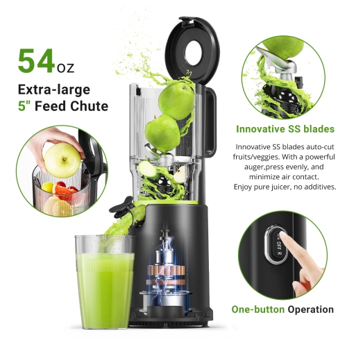 5.2" Self-Feeding Cold Press Juicer, Hands-Free Whole Fruit & Vegetable , Triple Filter for High Yield, Low Pulp