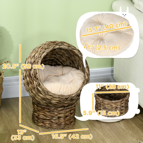 PawHut Wicker Cat Bed, Elevated Rattan Kitten Bed with Cushion, Handwoven Cat Egg Chair Kitty House with Stand for Indoor Cats, Dark Brown
