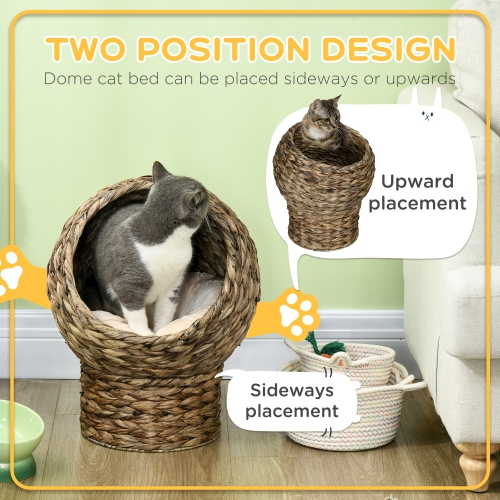 PawHut Wicker Cat Bed, Elevated Rattan Kitten Bed with Cushion, Handwoven Cat Egg Chair Kitty House with Stand for Indoor Cats, Dark Brown