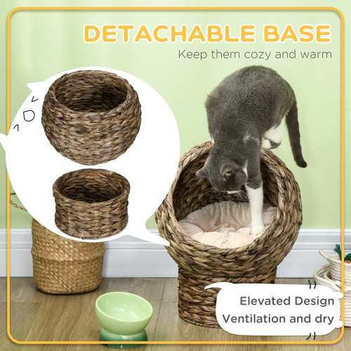 PawHut Wicker Cat Bed, Elevated Rattan Kitten Bed with Cushion, Handwoven Cat Egg Chair Kitty House with Stand for Indoor Cats, Dark Brown