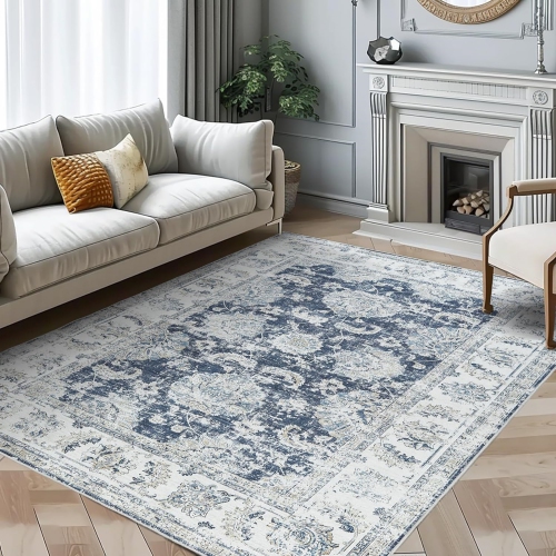 NIERBO  8 X 10 Area Rug - Entryway Rug Washable Rug Floral Print Living Room Rug Vintage Distressed Dark Rug Non Slip Doormat Low Pile Thin Rug Retro