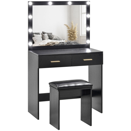 HOMCOM Vanity Set with Lighted Mirror and Stool, Makeup Vanity Desk with Drawers, 2 Lighting Modes, 10 Bulbs, Modern Dressing Table for Bedroom, Black