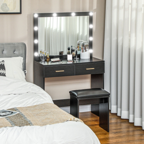 HOMCOM Vanity Desk with Mirror and Lights, Makeup Vanity with Stool and 2 Drawers, 10 LED Bulbs Dressing Table for Bedroom, Black