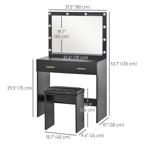 HOMCOM Vanity Desk with Mirror and Lights, Makeup Vanity with Stool and 2 Drawers, 10 LED Bulbs Dressing Table for Bedroom, Black