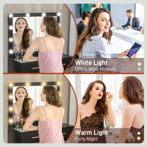 HOMCOM Vanity Desk with Mirror and Lights, Makeup Vanity with Stool and 2 Drawers, 10 LED Bulbs Dressing Table for Bedroom, Black