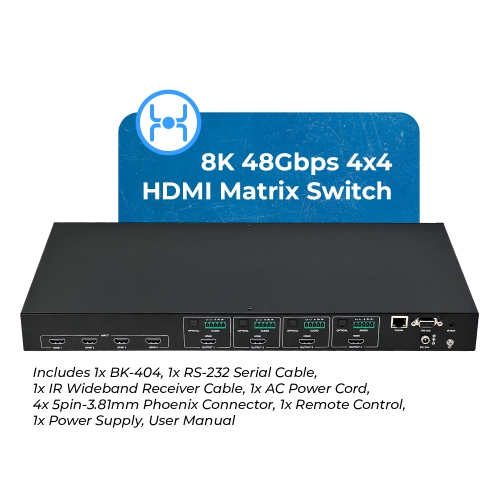 OREI 8K HDMI 4x4 Matrix Switcher with Optical/Analog Audio Extractor, 8K to 4K Downscaling