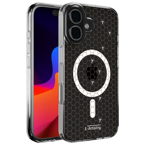 E-Artistry Signature Honeycomb Fitted Hard Shell Case w/ MagSafe for iPhone 16 - Clear- Gold/White