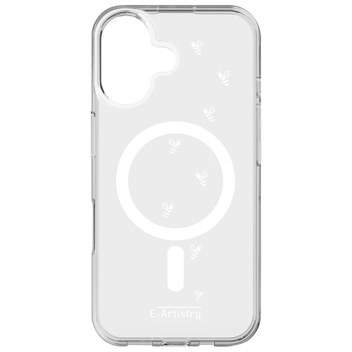 Étui rigide ajusté Signature Bee Spiral d'E-Artistry avec MagSafe pour iPhone 16 - Transparent/Blanc