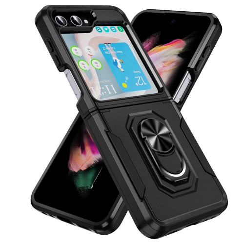 [CS] Shockproof Heavy Duty Magnetic Hard Armor Kickstand Case with Ring Holder for Samsung Galaxy Z Flip 6, Black