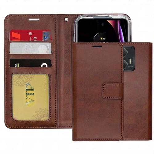 Image 1 de 6.. [CS] Étui portefeuille folio en cuir à fente pour carte magnétique pour Motorola Moto Edge 2024, brun