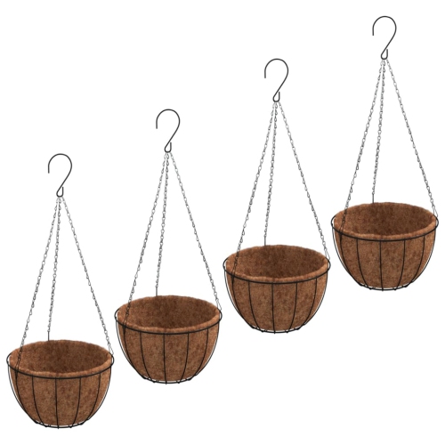 vidaXL Hanging Planters 4 pcs with Coco Liners Black Ø 30x52 cm Steel