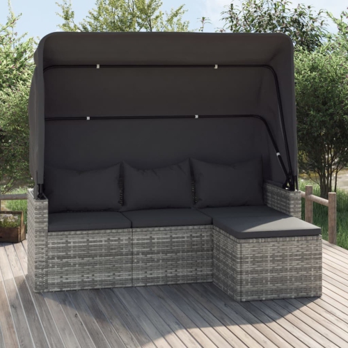 vidaXL 3-Seater Garden Sofa with Roof and Footstool Grey Poly Rattan