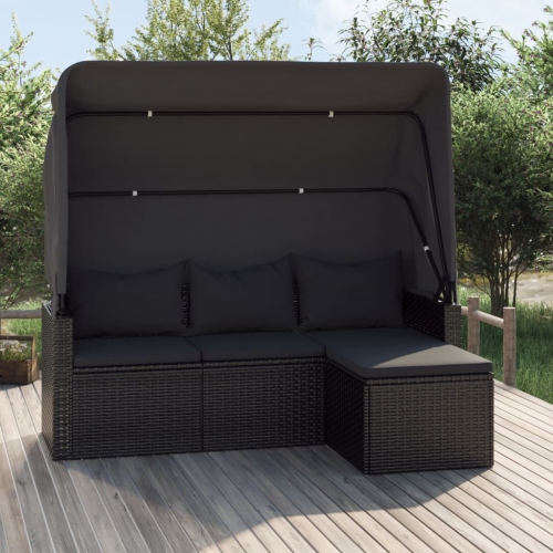 VIDAXL  3-Seater Garden Sofa With Roof And Footstool Black Poly Rattan