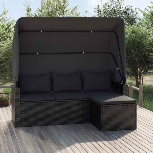 vidaXL 3-Seater Garden Sofa with Roof and Footstool Black Poly Rattan