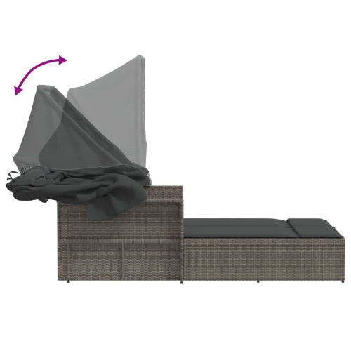 vidaXL Double Sun Lounger with Canopy and Cushions Grey Poly Rattan