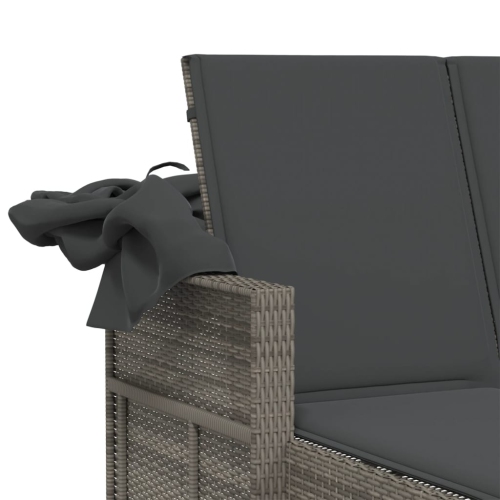 vidaXL Double Sun Lounger with Canopy and Cushions Grey Poly Rattan