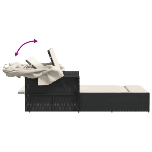 vidaXL Double Sun Lounger with Canopy and Cushions Black Poly Rattan