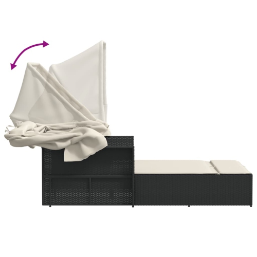 vidaXL Double Sun Lounger with Canopy and Cushions Black Poly Rattan