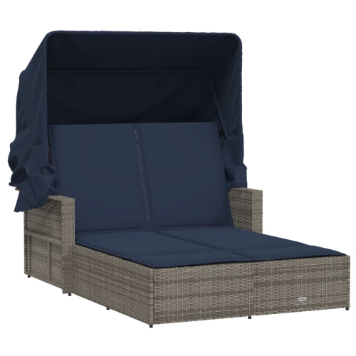 VIDAXL  Double Sun Lounger With Canopy And Cushions Grey Poly Rattan