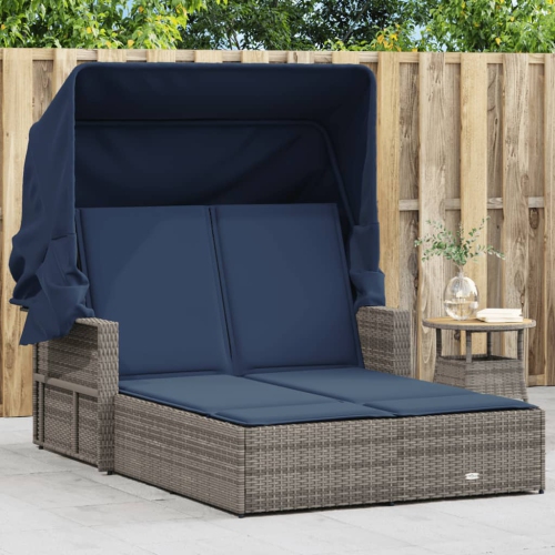 vidaXL Double Sun Lounger with Canopy and Cushions Grey Poly Rattan