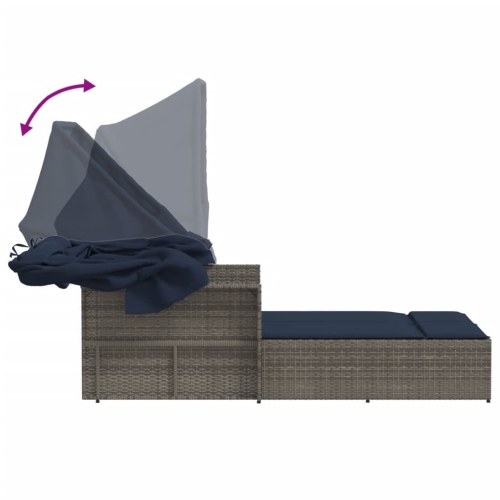 vidaXL Double Sun Lounger with Canopy and Cushions Grey Poly Rattan
