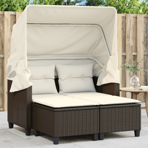 Sofa de jardin à 2 sièges avec auvent et tabourets en rotin de polyester brun vidaXL
