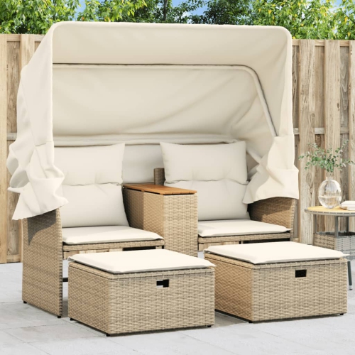 vidaXL Garden Sofa 2-Seater with Canopy and Stools Beige Poly Rattan