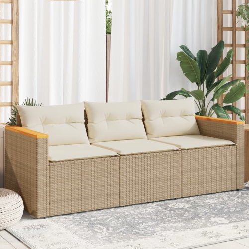 vidaXL Garden Sofa with Cushions 3-Seater Beige Poly Rattan