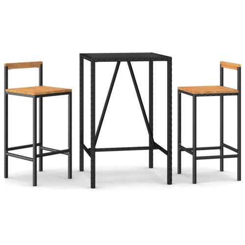Image 1 of 6.. vidaXL 3 Piece Garden Bar Set Black Poly Rattan& Solid Wood Acacia