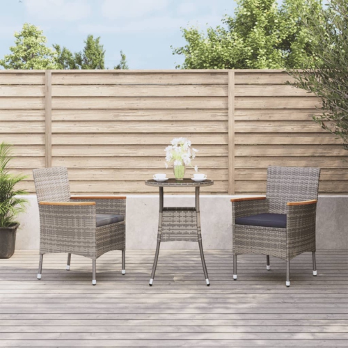 vidaXL 3 Piece Garden Bistro Set with Cushions Grey Poly Rattan