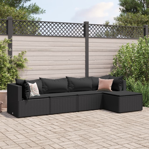 Ensemble de salon de jardin de 5 pièces avec coussins en poly rotin noir de vidaXL