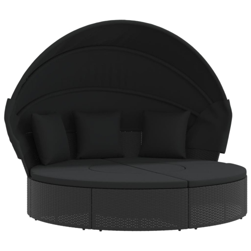 vidaXL Outdoor Lounge Bed with Canopy and Cushions Black Poly Rattan