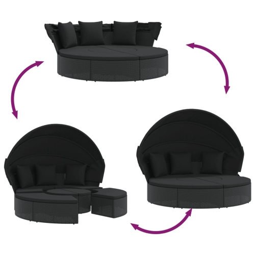 vidaXL Outdoor Lounge Bed with Canopy and Cushions Black Poly Rattan