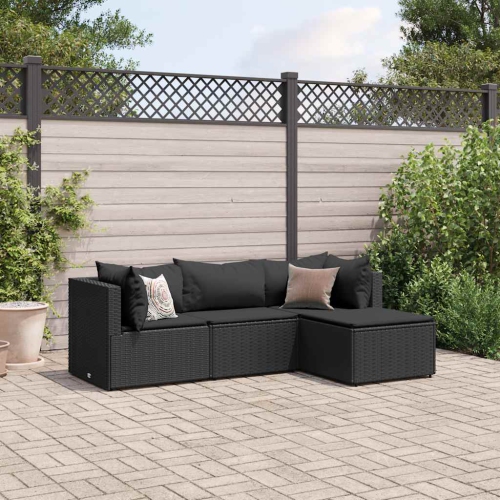 vidaXL 4 Piece Garden Lounge Set with Cushions Black Poly Rattan