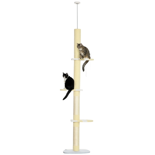 PawHut Floor to Ceiling Cat Tree, 4-tier Cat Tower for Large Cats with Adjustable Height 87"-102", Sisal Scratching Posts, Anti-tip Kit, Perches, Toy