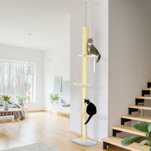 PawHut Floor to Ceiling Cat Tree, 4-tier Cat Tower for Large Cats with Adjustable Height 87"-102", Sisal Scratching Posts, Anti-tip Kit, Perches, Toy