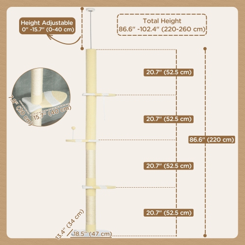 PawHut Floor to Ceiling Cat Tree, 4-tier Cat Tower for Large Cats with Adjustable Height 87"-102", Sisal Scratching Posts, Anti-tip Kit, Perches, Toy