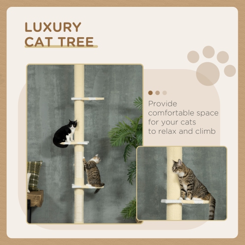 PawHut Floor to Ceiling Cat Tree, 4-tier Cat Tower for Large Cats with Adjustable Height 87"-102", Sisal Scratching Posts, Anti-tip Kit, Perches, Toy