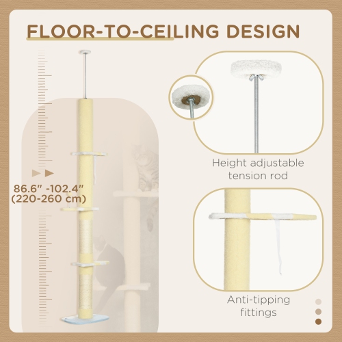 PawHut Floor to Ceiling Cat Tree, 4-tier Cat Tower for Large Cats with Adjustable Height 87"-102", Sisal Scratching Posts, Anti-tip Kit, Perches, Toy