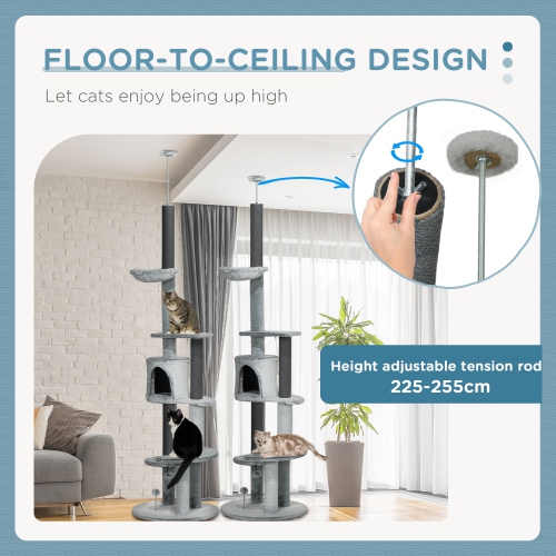 PawHut Floor to Ceiling Cat Tree for Large Cats, 89"-100" Adjustable Height Cat Climbing Tower w/ Hammock, Scratching Posts, Condo, Perches, Toy