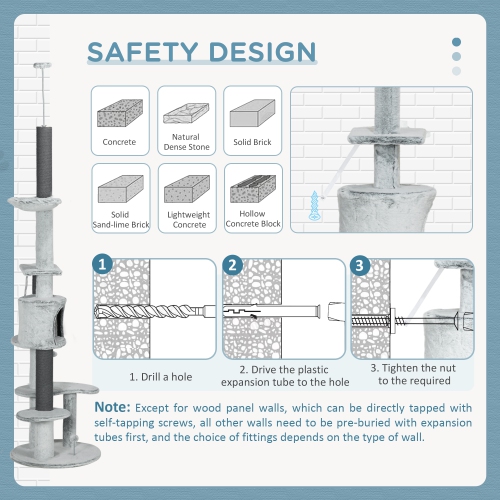 PawHut Floor to Ceiling Cat Tree for Large Cats, 89"-100" Adjustable Height Cat Climbing Tower w/ Hammock, Scratching Posts, Condo, Perches, Toy