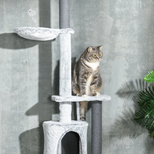 PawHut Floor to Ceiling Cat Tree for Large Cats, 89"-100" Adjustable Height Cat Climbing Tower w/ Hammock, Scratching Posts, Condo, Perches, Toy
