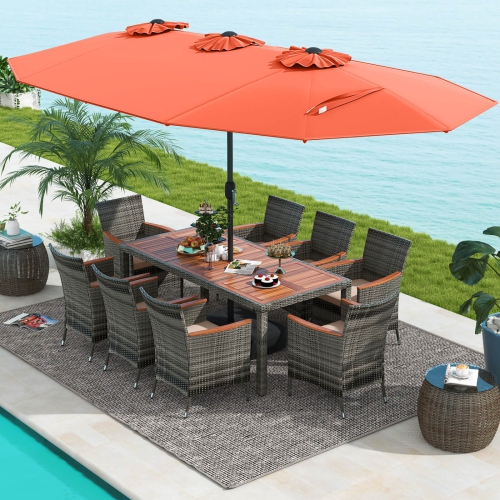 Image 1 de 10.. Ensemble patio de 10 pièces en osier avec parasol de patio double face et 8 fauteuils de Costway