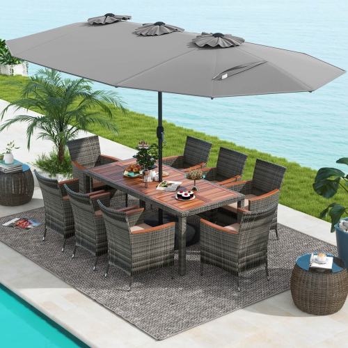 Ensemble patio de 10 pièces en osier avec parasol de patio double face et 8 fauteuils de Costway